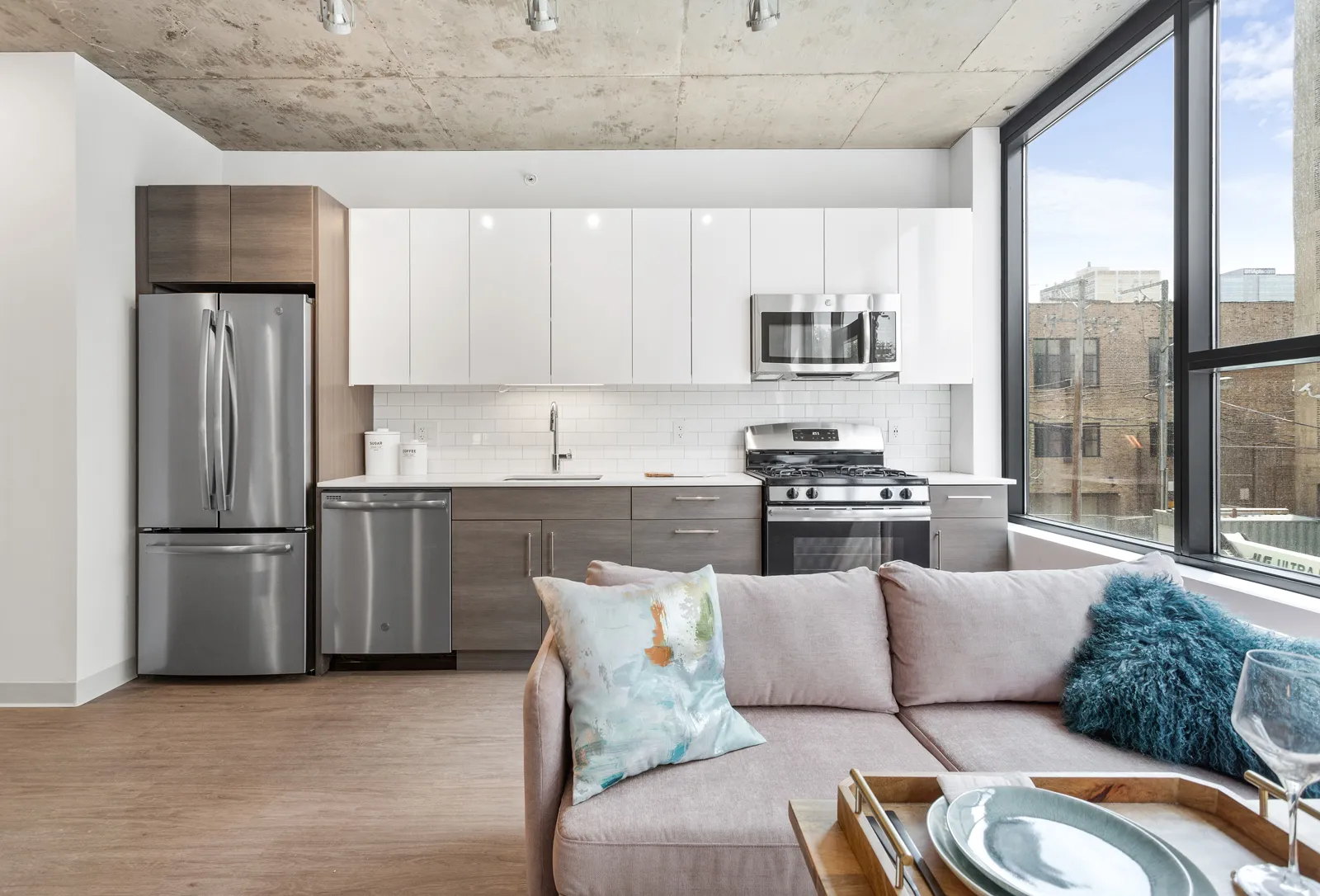 model furnished living room at Upshore Chapter Apartments