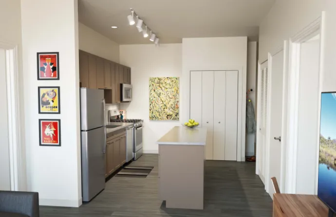 model kitchen with island at Linkt Apartments in River West