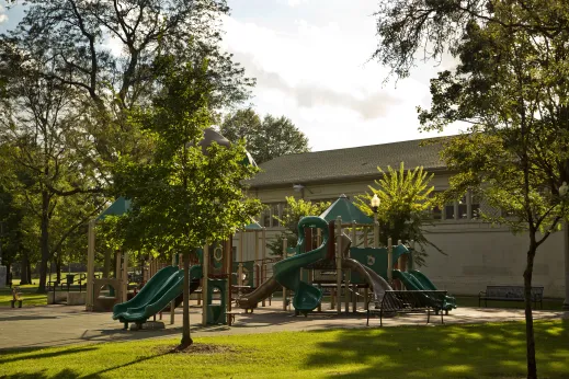 Armour Square Park playground and fieldhouse near apartments in Fuller Park Chicago