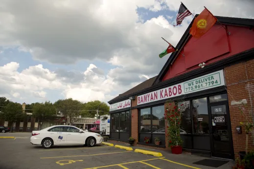 Bamyan Kabob restaurant parking lot and front entrance on N California Ave in Peterson Woods