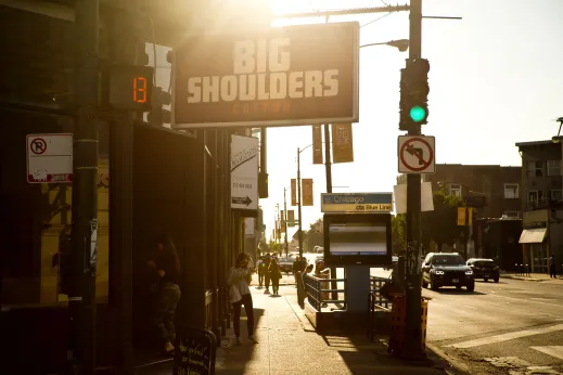 Big Shoulders Coffee sign and front entrance by CTA Blue line station entrance in River West