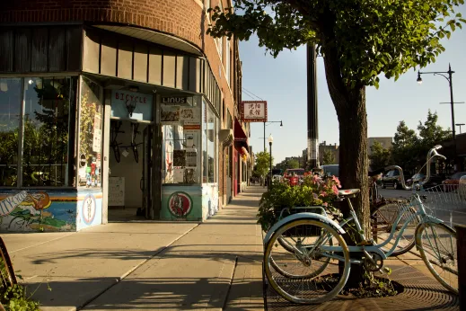 Blue City Cycles bike shop front entrance on S Halsted St in Bridgeport Chicago