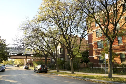 CTA Green Line elevated train tracks next to apartments in Washington Park Chicago