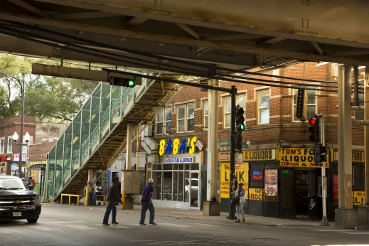 CTA Green line station and elevated tracks at Laramie and Lake in Austin Chicago