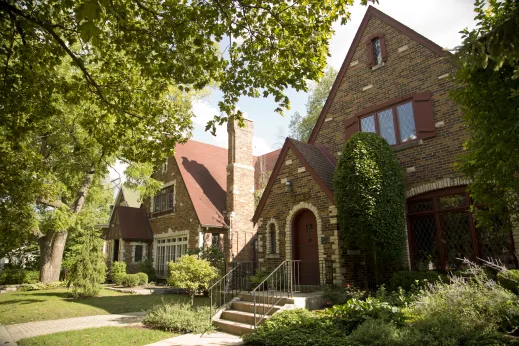 Chalet style brick house exterior in Peterson Woods