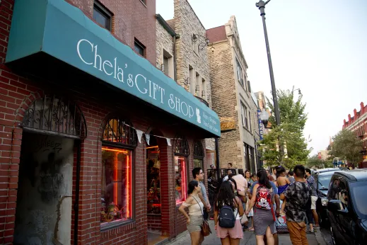 Chelas Gift Shop sign and front entrance on 18th Street in Pilsen Chicago