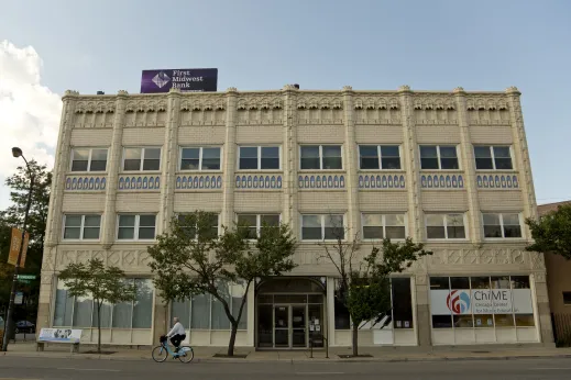 Chicago Center for Music Education front with terra cotta facade on W Chicago Ave in River West