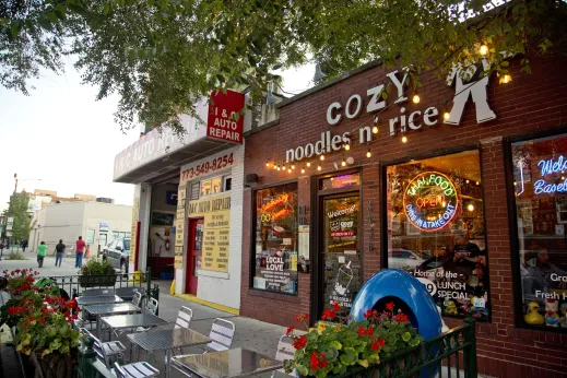 Cozy Noodles and Rice restaurant front entrance on N Sheffield Ave in Wrigleyville Chicago