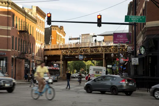 Damen CTA Blue line elevated train station on N Damen Ave in Wicker Park Chicago