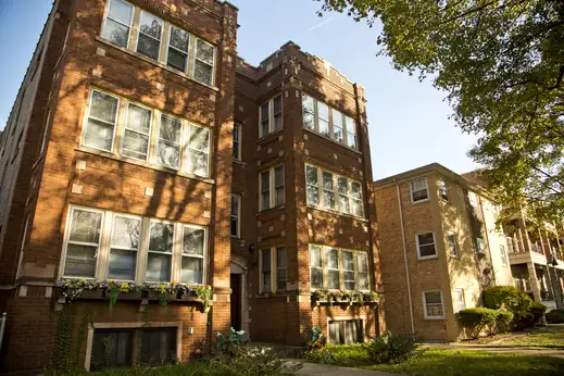 Entrance of brick six flat apartments in Old Irving Park Chicago