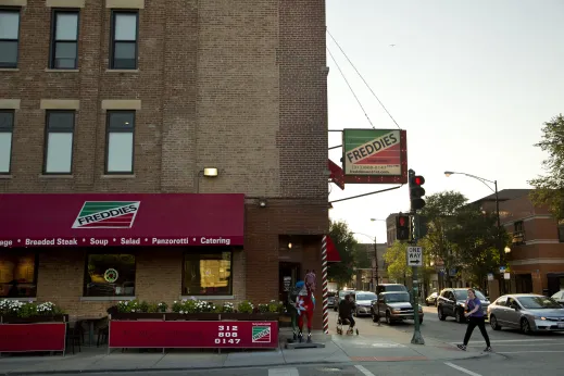 Fabulous Freddie's Italian Eatery restaurant sign and entrance on W 31st St in Bridgeport Chicago