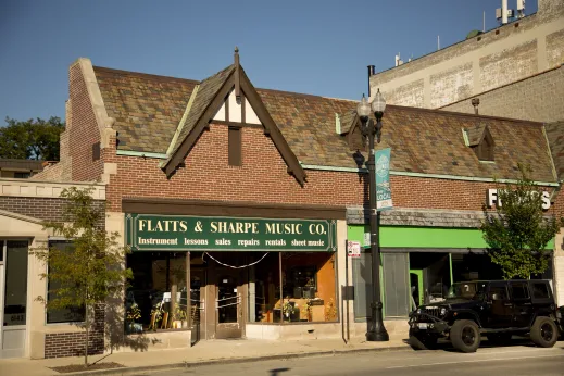 Flatts and Sharpe Music Company business front entrance on N Northwest Hwy in Norwood Park