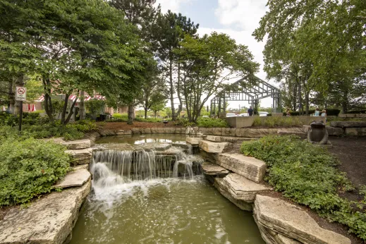 large outdoor fountain surrounded by grass and trees in Schaumburg, Illinois