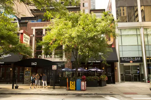 Gino's East Pizza restaurant front entrance on E Superior St in Streeterville Chicago