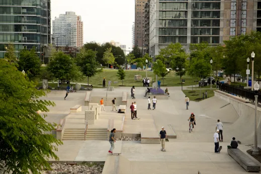 Grant Park skate park and skateboarders in the South Loop Chicago