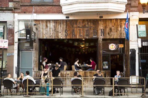 High Noon Saloon front entrance and outdoor seating on N Milwaukee Ave in Wicker Park Chicago