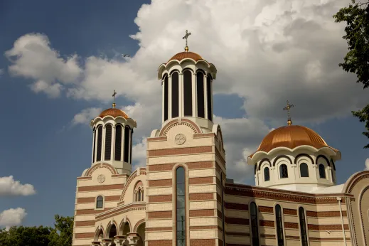 Holy Nativity Romanian Orthodox Church bell towers on N Mozart Ave in Peterson Woods