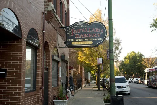 Impallaria Bakery sign and front entrance on S Wallace St in Bridgeport Chicago