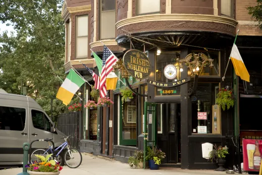 Irish Nobleman Pub entrance sign in Noble Square Chicago