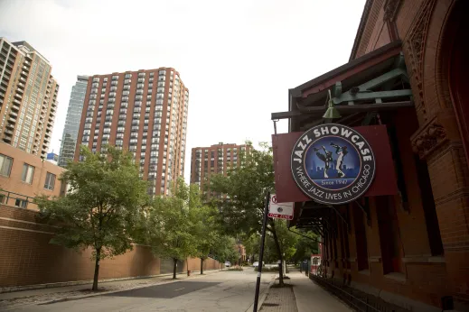 Jazz Showcase sign outside Dearborn Station with apartments in the background in Dearborn Park Chicago