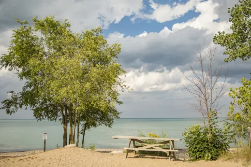 view of Lake Michigan across beach in Highland Park