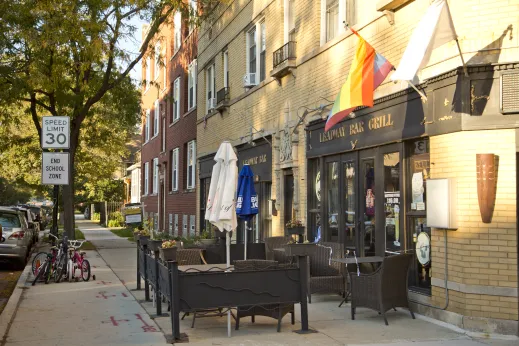 outdoor patio with bikes on sidewalk in Bowmanville Chicago