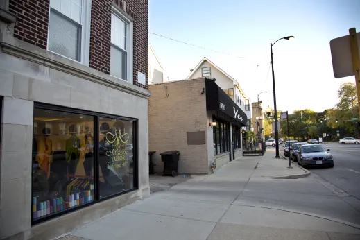 Maestro tailors storefront along sidewalk in Bowmanville Chicago