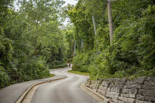 man walking down quiet tree lined street with no cars in Highland Park