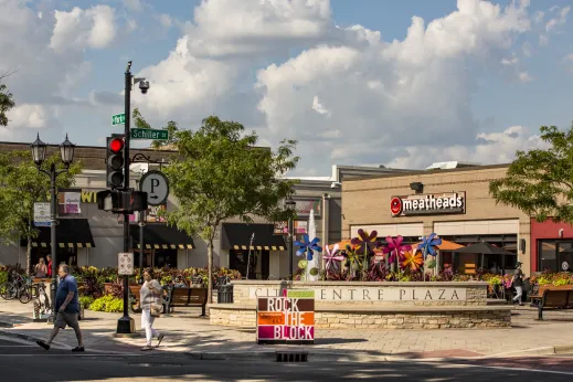 people crossing at york schiller plaza in Elmhurst Illinois