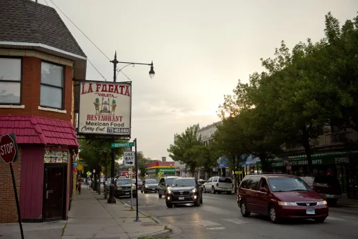 Mexican restaurant sign on street in Albany Park Chicago