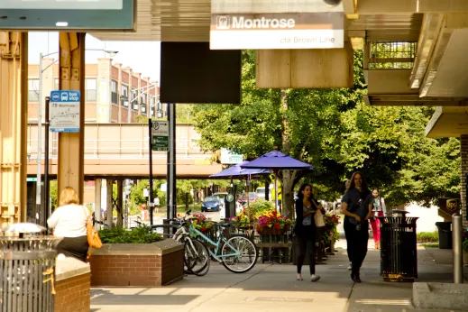 Montrose CTA station and Brown line entrance in Ravenswood Chicago