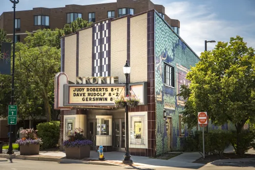 The exterior of the old Skokie Theater in Skokie IL