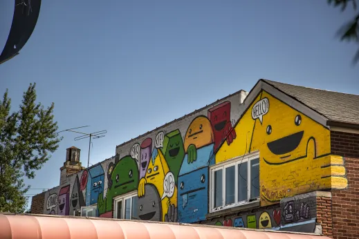 painted mural on apartment buildings in Skokie Illinois.