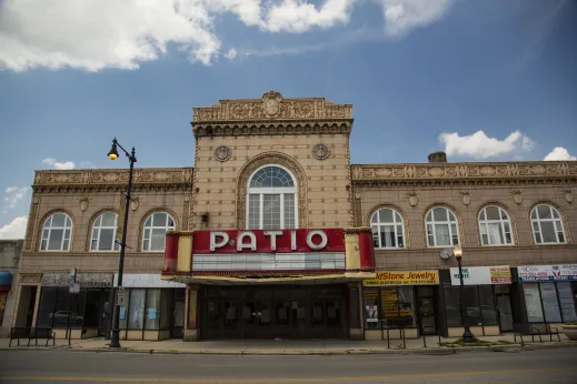 exterior fronm across the street of vacant theater in Dunning Chicago