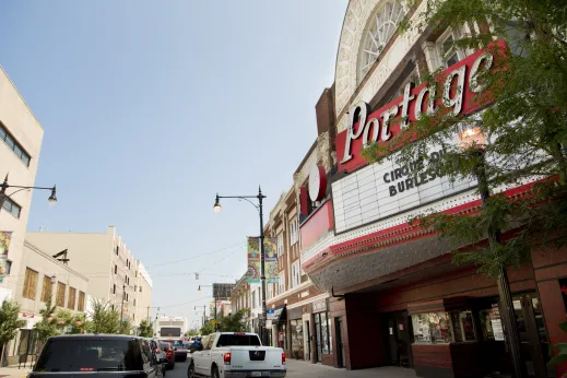 Portage Park Theater marquee on North Milwaukee Avenue in Portage Park Chicago