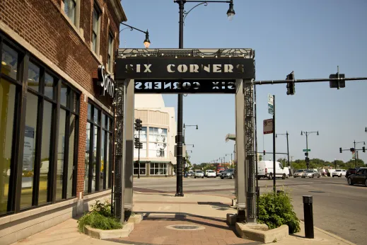 Six Corners intersection on North Milwaukee Avenue in Portage Park Chicago