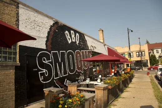 Smoque BBQ restaurant outdoor patio seating in Irving Park Chicago