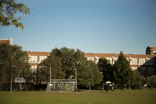 kids playing on school soccer fields in Bowmanville Chicago