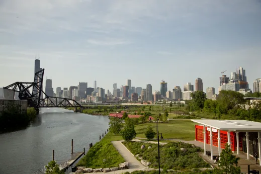 South Branch of the Chicago River at Ping Tom Park with Chicago skyline in the background in the South Loop Chicago