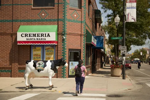 South Trumbull Avenue and cow statue on street corner in Little Village