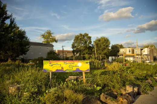 Spaulding Memorial Garden community garden with apartments in background in North Lawndale Chicago