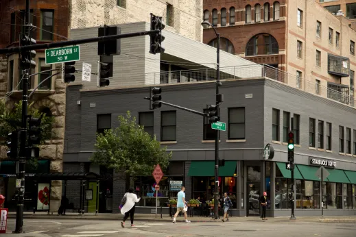 Starbucks Coffee exterior on corner of South Dearborn Street and West Harrison Street in Printer's Row Chicago