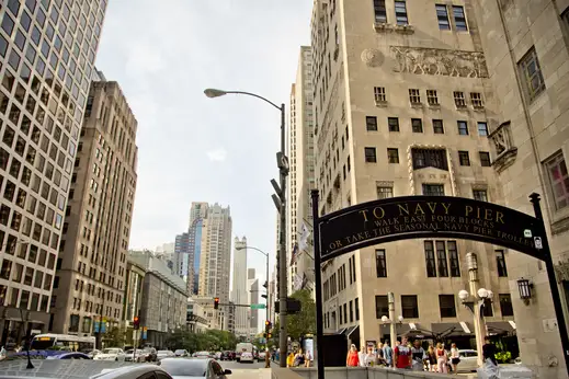 Tribune Tower plaza walkway to Navy Pier in Streeterville Chicago