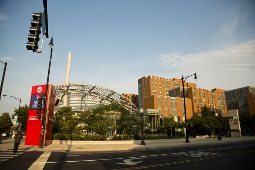 UIC Forum exterior sign and entrance on W Roosevelt Rd in University Village Chicago