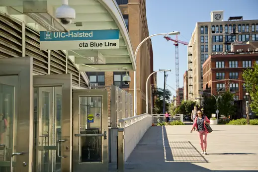 UIC Halsted Blue line station CTA on S Halsted St in the West Loop Chicago
