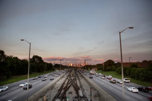 View of Chicago skyline from West Eisenhower Expressway I-290 in North Lawndale Chicago