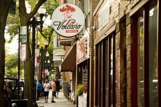 Volcano Sushi Cafe sign and exterior on W Taylor St in University Village Chicago