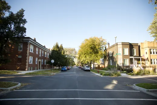 large commercial street in the shadows of the sun in Bowmanville Chicago