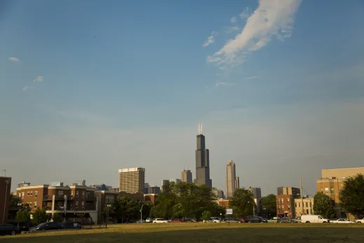 Willis Tower and Chicago skyline seen from University Village Chicago