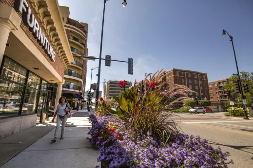 woman walking next to flowers in downtown Skokie Illinois.